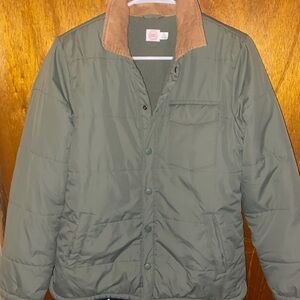 Olive Puffer Jacket with Tan Collar